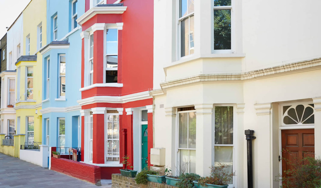 Attractive multi coloured row of terraced houses, London City Mortgages