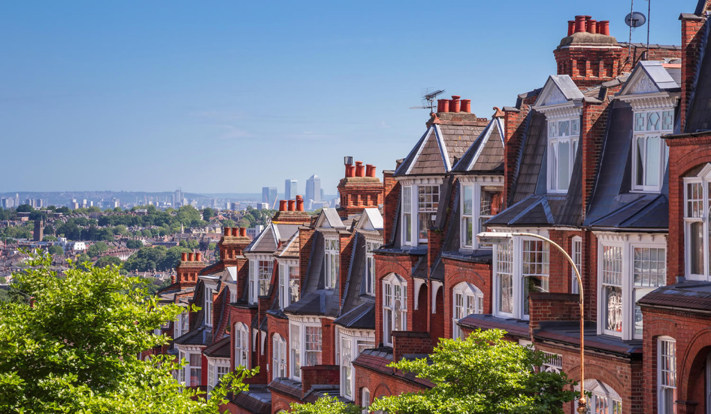 Brick houses in Muswell Hill with views of Canary Wharf, London City Mortgages