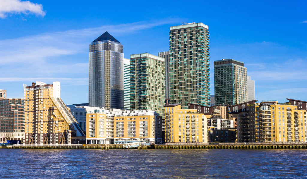 Canary Wharf and modern flats looking east, London City Mortgages