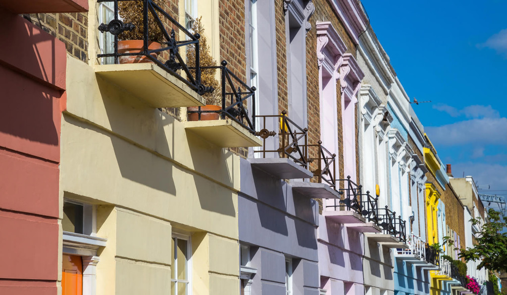 Colourful terraced homes Camden Town district, London City Mortgages