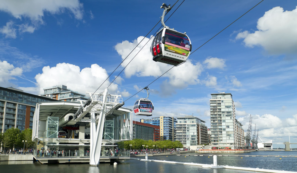 Emirates cable car at modern apartments Royal Docks, London City Mortgages