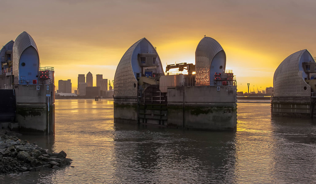 Flood barrier on the Thames and Canary Wharf, London City Mortgages