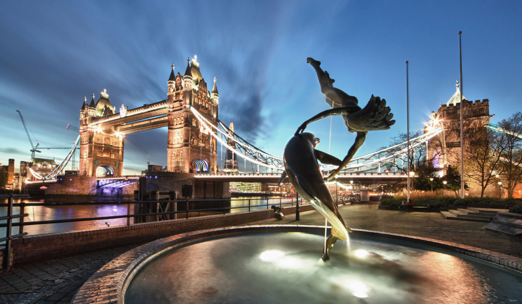 Tower Bridge St Katharines Dock fountain by Thames river, London City Mortgages