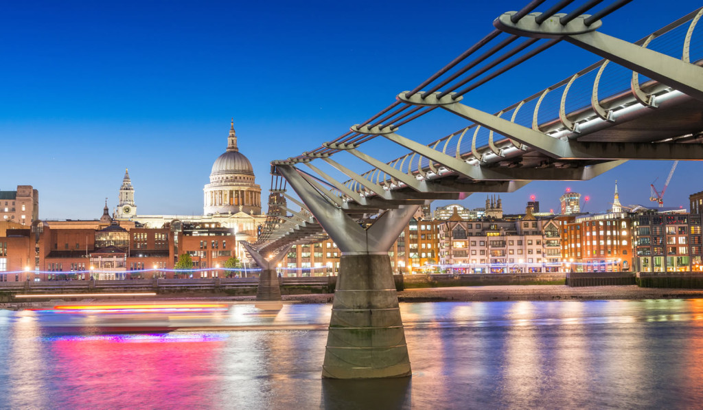 Millennium Bridge and St Pauls at night, London City Mortgages