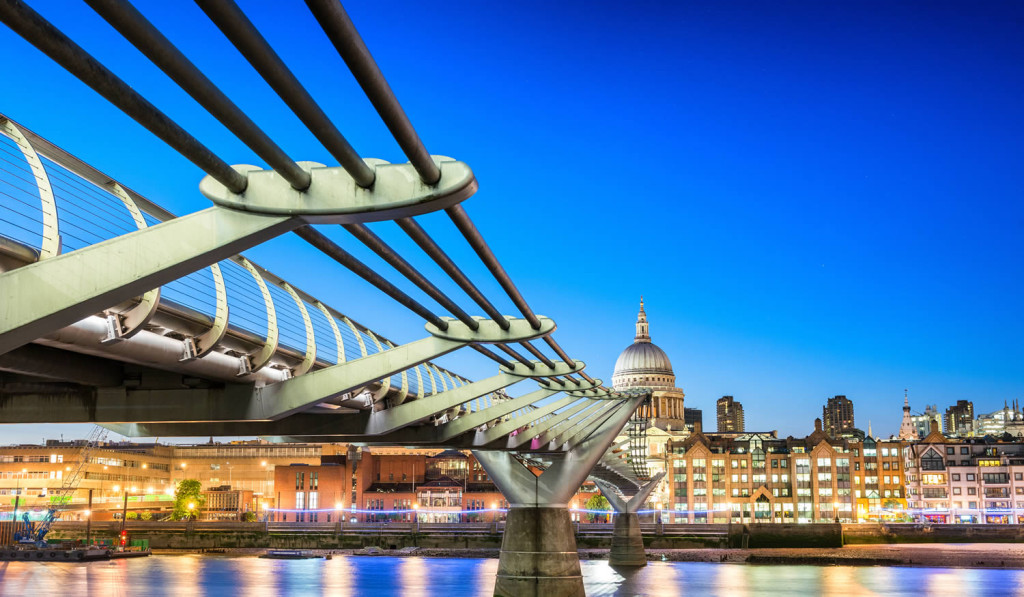 Millennium Bridge at night St Pauls and Thames River, London City Mortgages