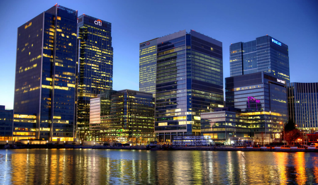 Modern glass buildings South Docks Canary Wharf, London City Mortgages