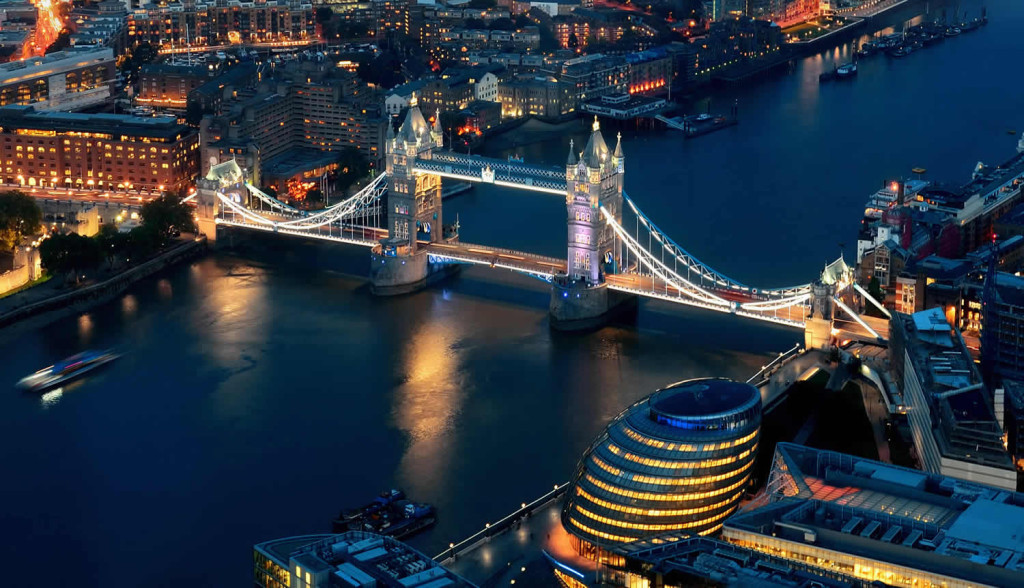 Night skyline Thames Tower bridge and city hall, London City Mortgages