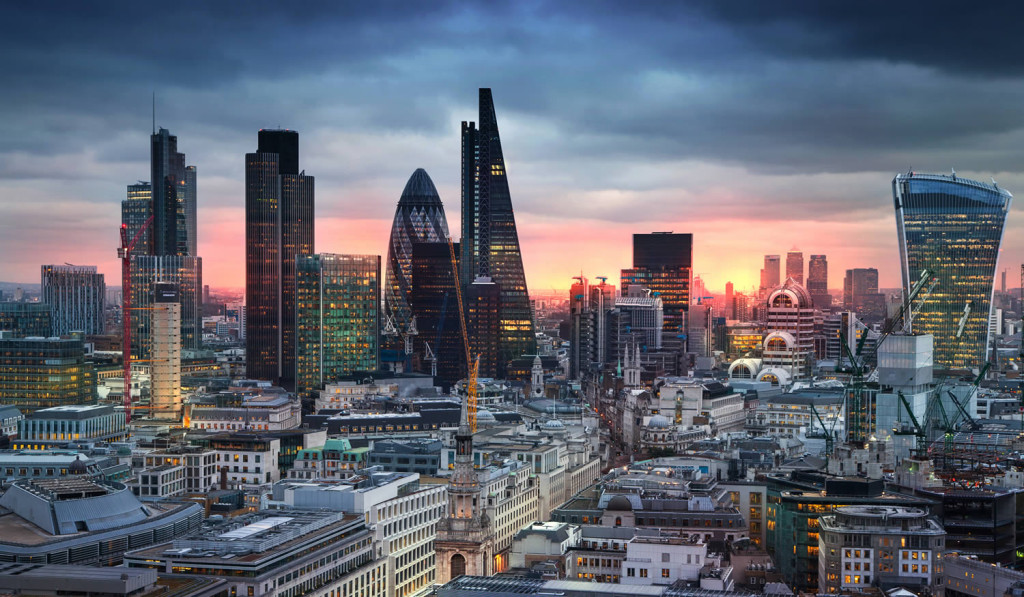 Panorama of financial district of the capital at sun rise, London City Mortgages