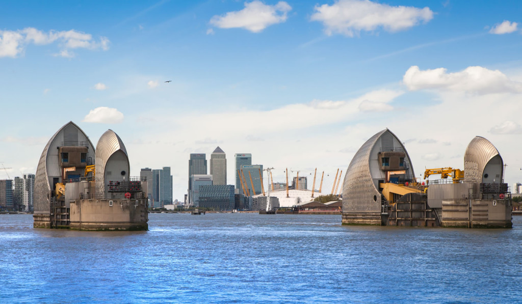 River Thames barrier protecting Canary Wharf and the capital London City Mortgages