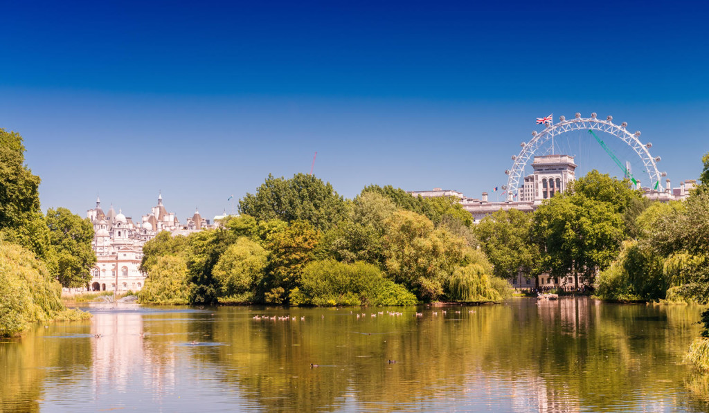 Sunny day in St James park Horse Guards Parade and Eye, London City Mortgages