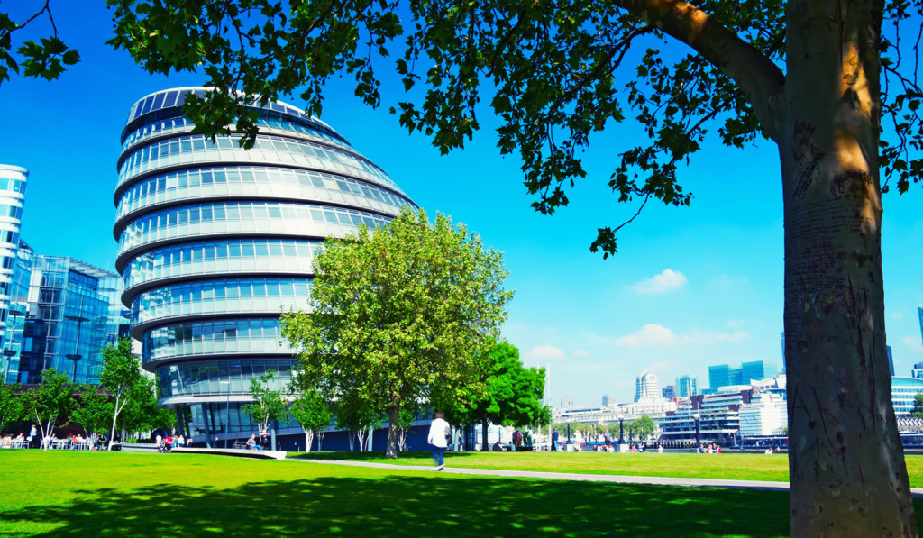 Sunny Park at City Hall Mayor's Office on a spring day, London City Mortgages