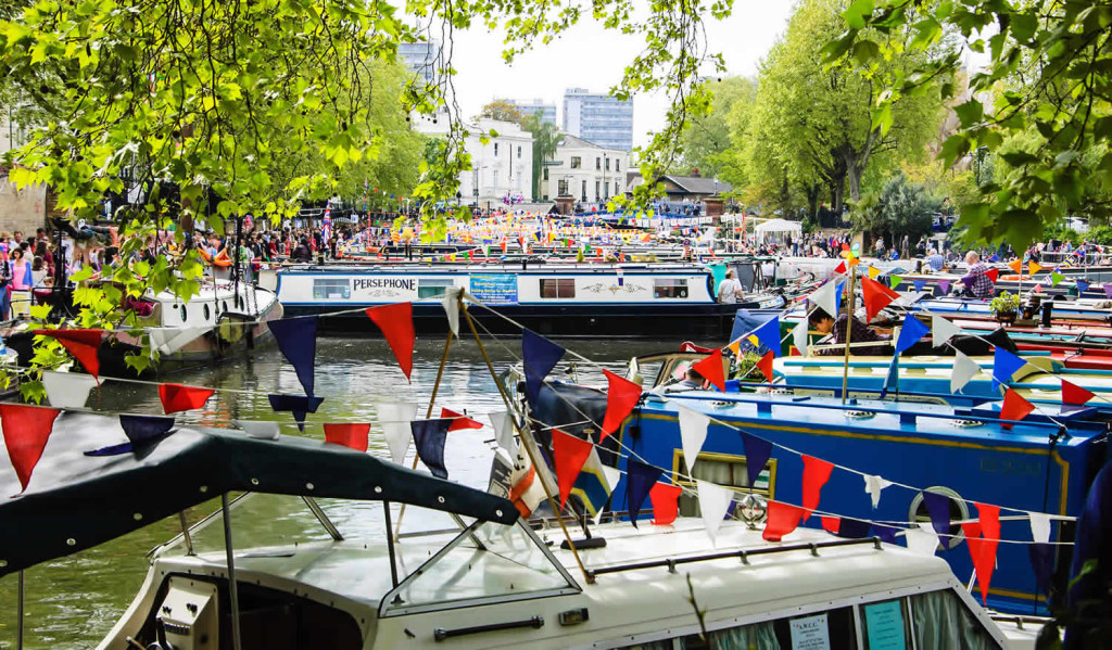 Traditional boats in annual Canalway Cavalcade Little Venice, London City Mortgages