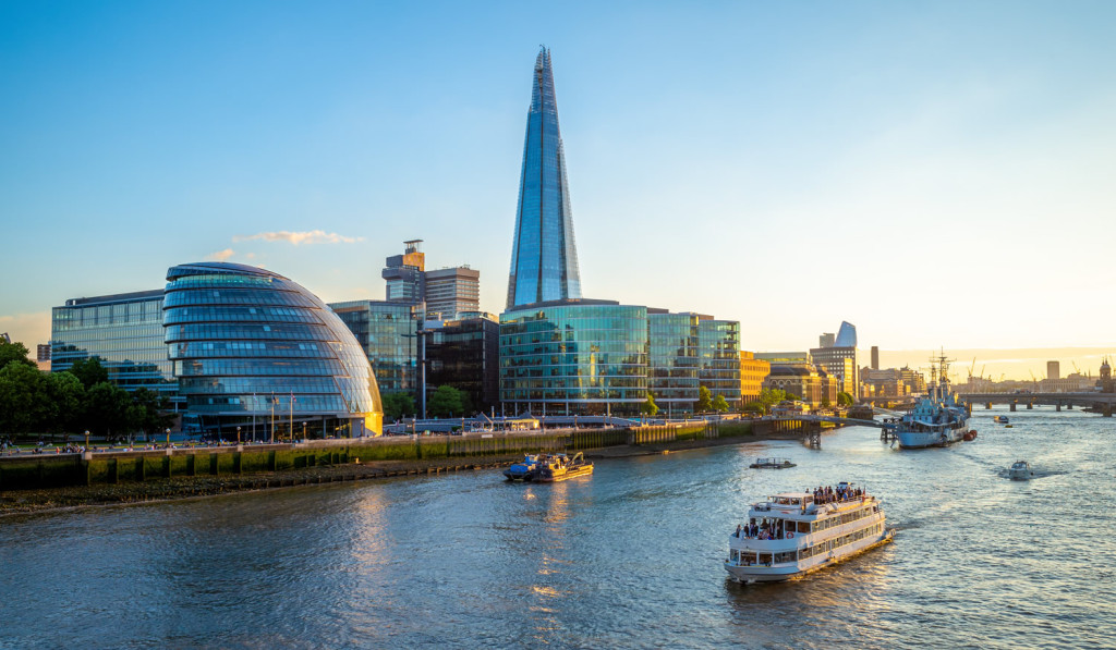 Sunset city hall Shard on Thames river London City Mortgages