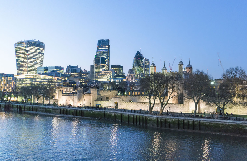 Evening skyline over Tower and financial district London City Mortgages